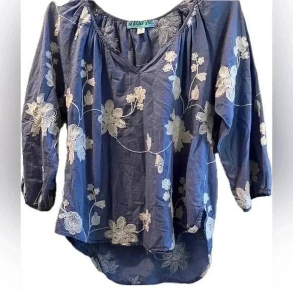 Aina Be Women’s Embroidered Boho Top 100% Cotton 3/4 Sleeve Slate Blue Small EUC - Picture 2 of 11